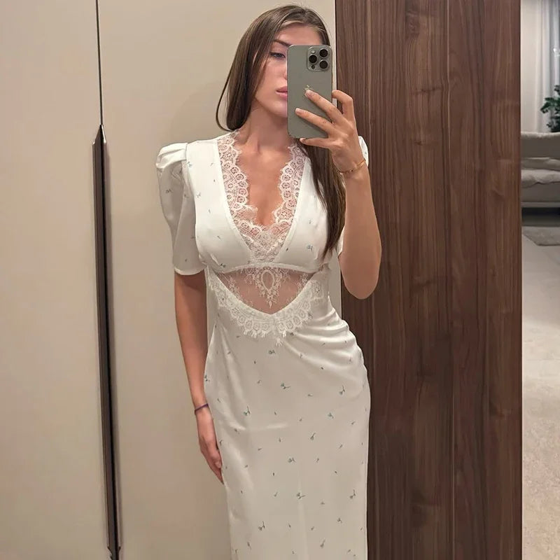 Hollow Lace Short Sleeve Slim Printed Maxi Dress