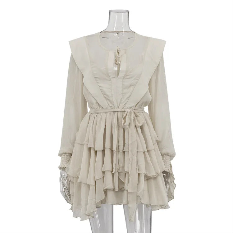 See-Through Long Sleeve Lace Up Mini Dress