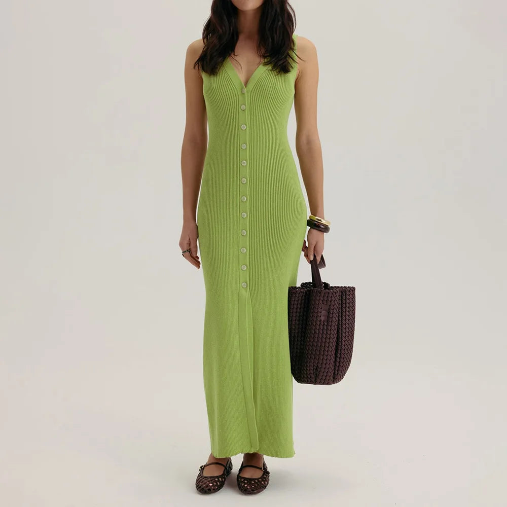 V-Neck Knitted Sleeveless Slim Maxi Dress