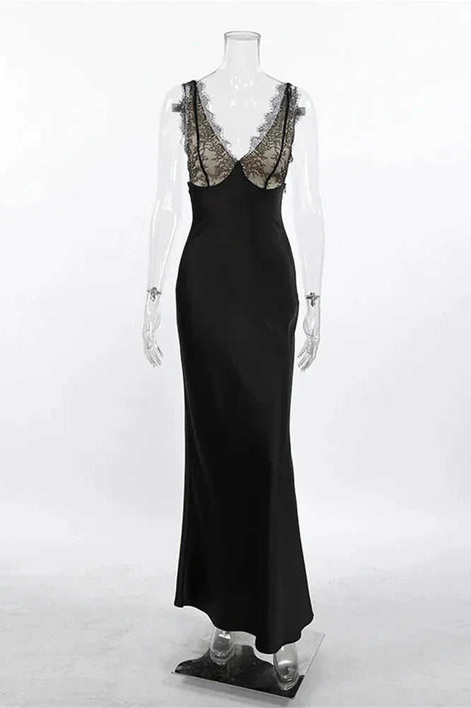 Lace V-Neck Printed Patchwork Slim Maxi Dress