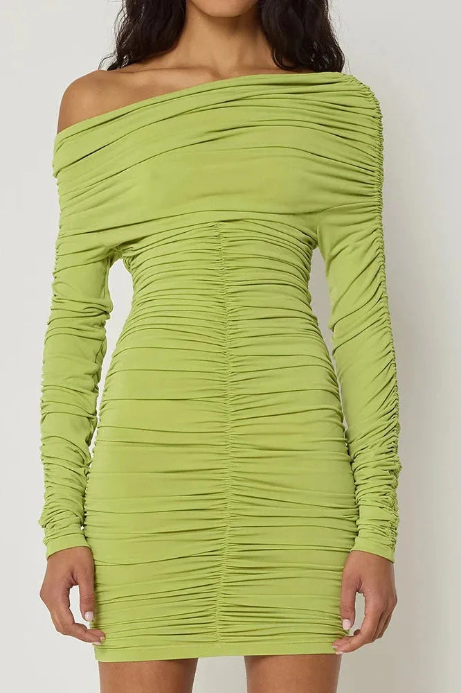 Inclined Shoulder Long Sleeve Backless Mini Dress