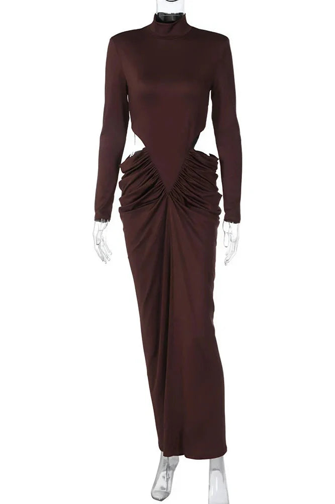 Hollow Out Turtleneck Long Sleeve Maxi Dress