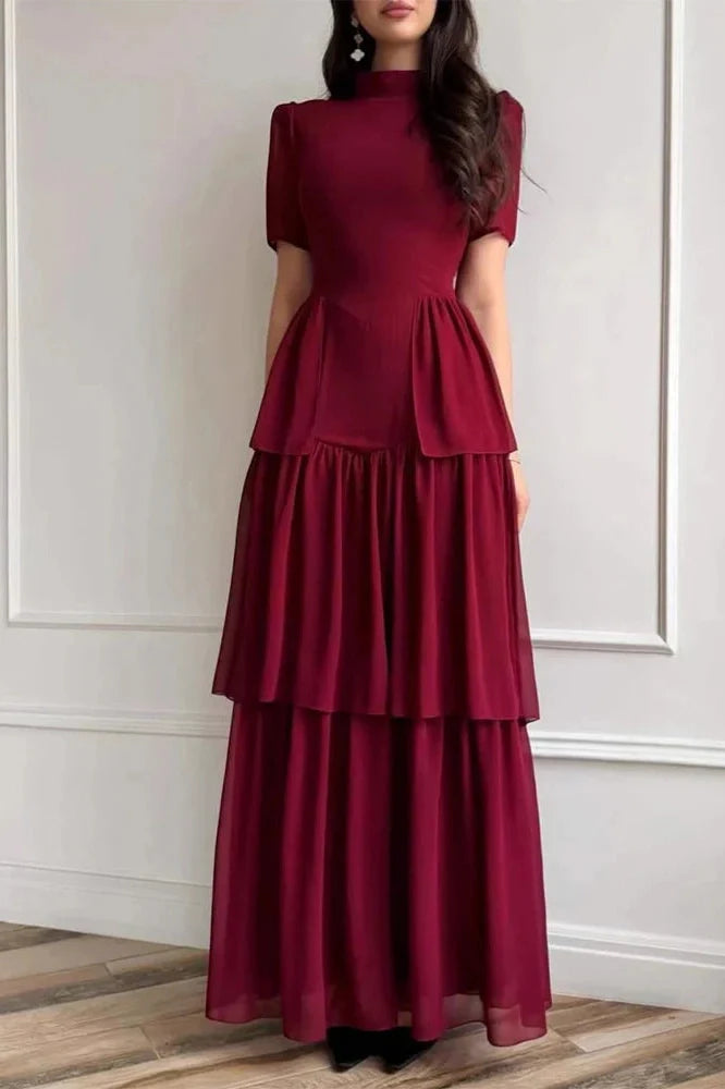O-Neck Pleat High Waist Maxi Dress