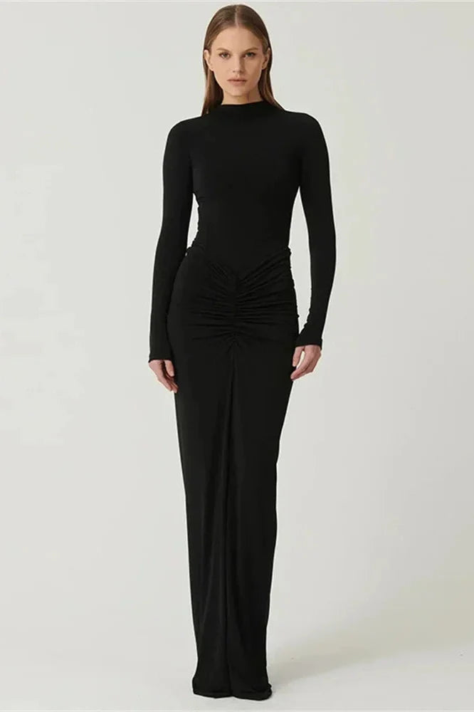 Pleated Patchwork High Waist Long Sleeve Slim Maxi Dress