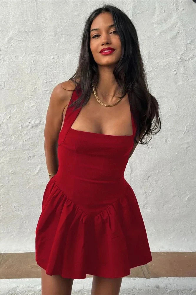 Elegant Backless A-Line Lace Up High Waist Mini Dress