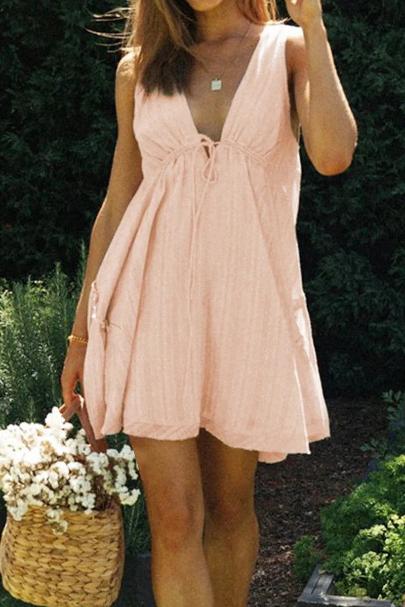Deep V-Neck Tie-Up Backless A-Line Mini Dress