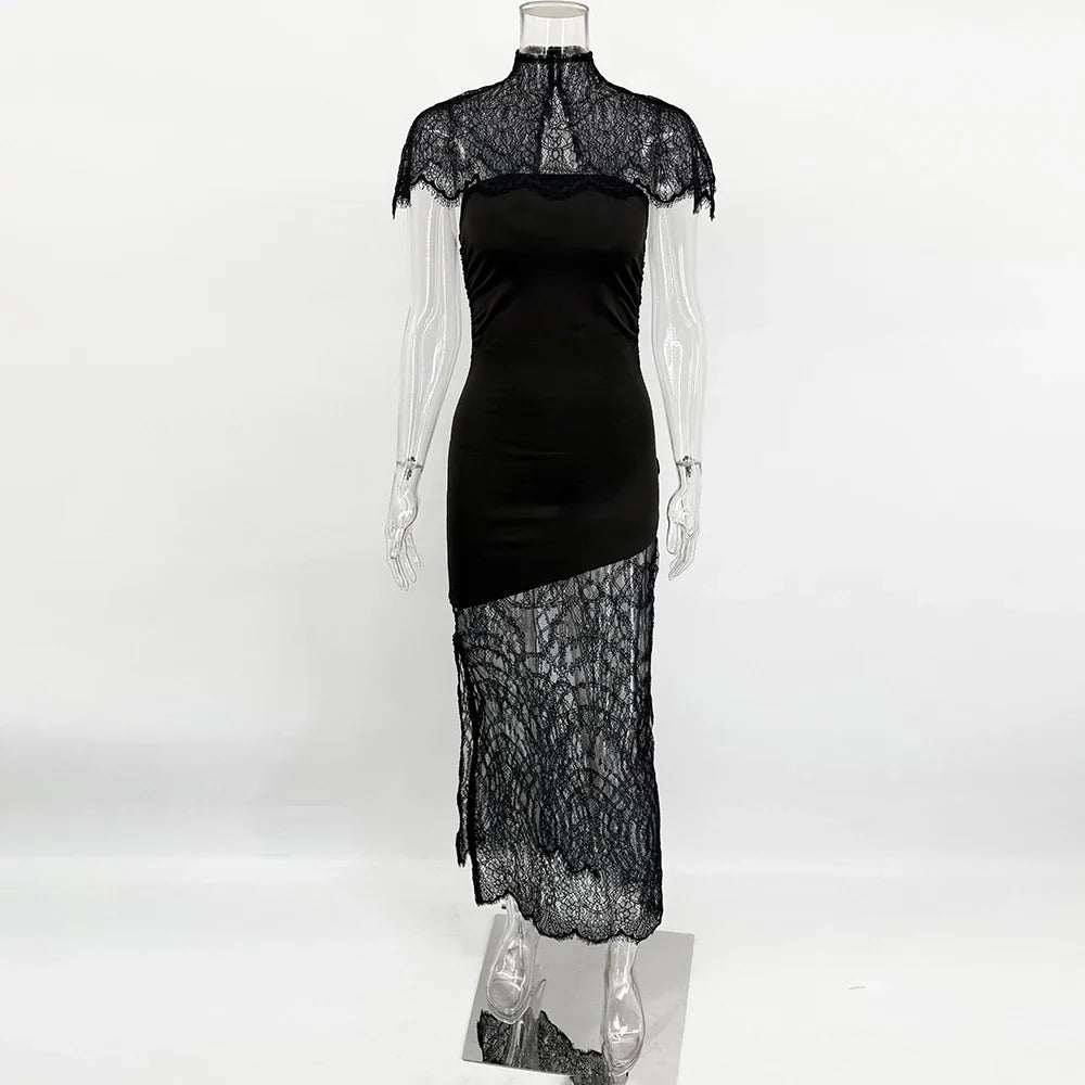 Strapless See Through Patchwork Backless Maxi Dress