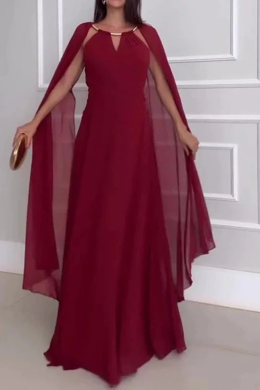Elegant Hollow Out Shawl Sleeve Pleated High Waist Maxi Dress