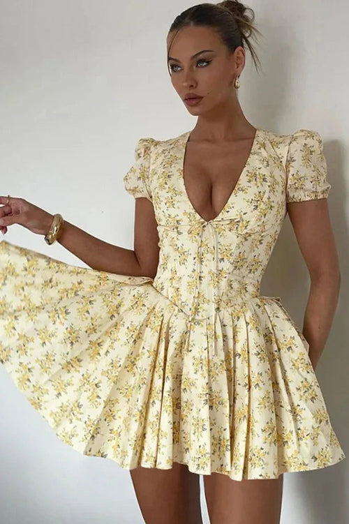 Deep V Neck Print Lace-up Short Sleeve A-line Mini Dress