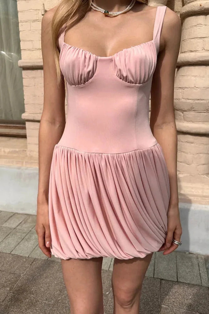 Spaghetti Strap Sleeveless Backless High Waist Pleated Mini Dress