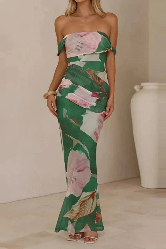 Sleeveless High Waist Slash Collar Printed Maxi Dress
