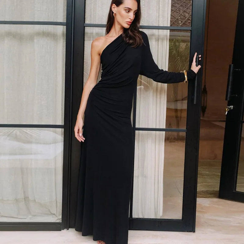 Diagonal Collar One-Shoulder Long Sleeve Maxi Dress