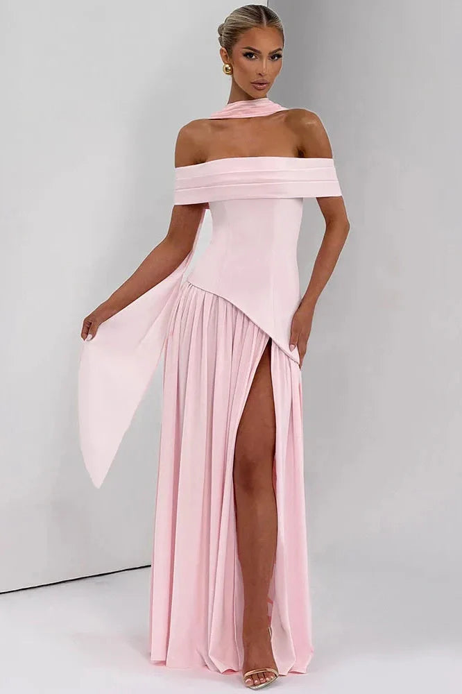 Off-Shoulder Backless Strapless Sleeveless Pleated High Split Maxi Dress