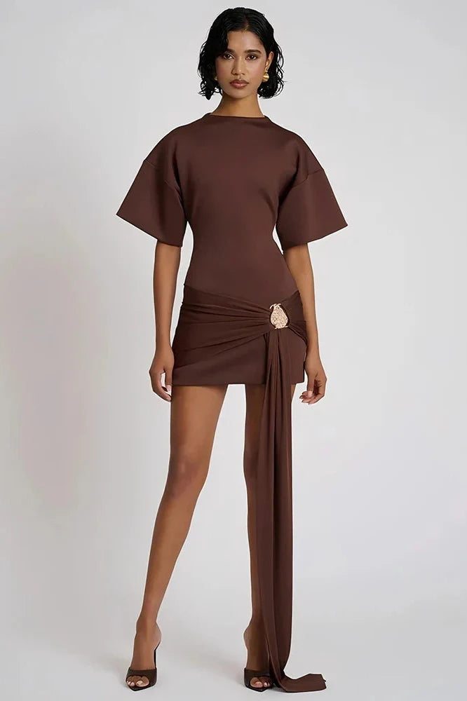 Short Sleeve O Neck High Waist Mini Dress
