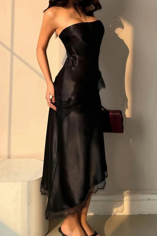 Lace Patchwork Slim High Waist Backless Midi Dress