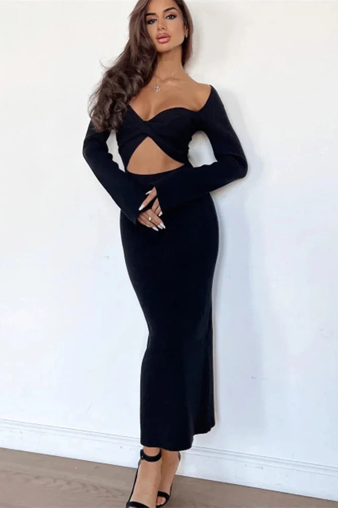 Hollow Out Long Sleeve Patchwork Slim Midi Dress