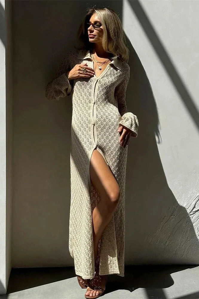 Hollow Out V-Neck Patchwork Loose Maxi Dress