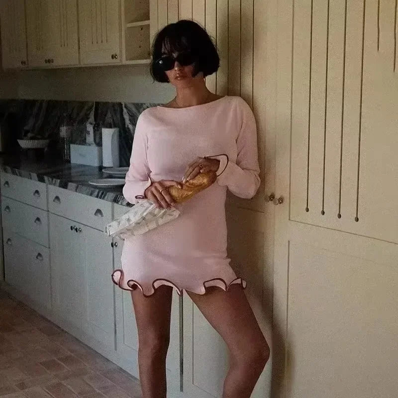 Knitted O-Neck Long Sleeve Slim Mini Dress