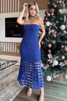 Hollow Out Strapless Knitted Slim Sleeveless Maxi Dress