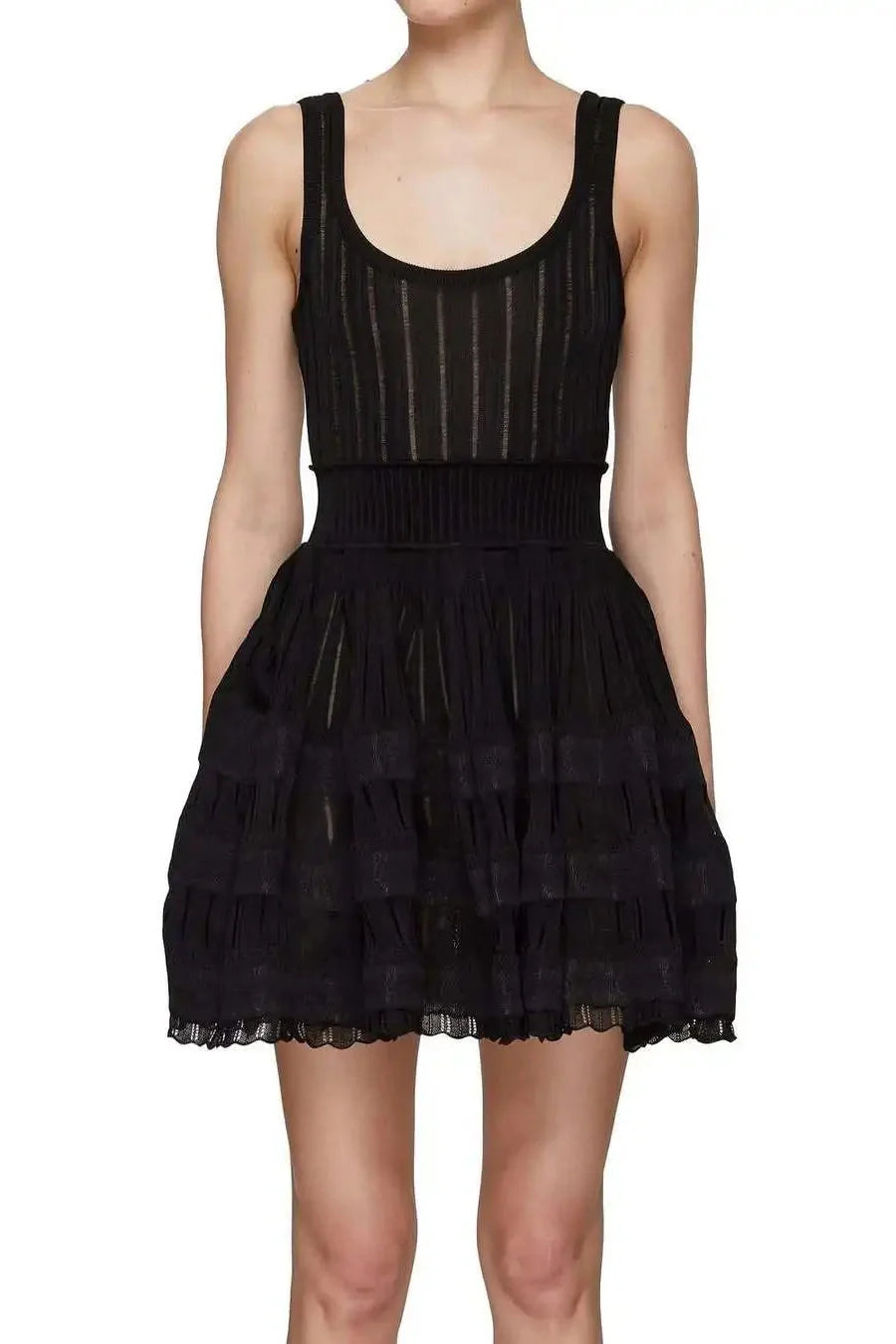 Hollow-Out Slim Knitted Sleeveless A-Line High Waist Mini Dress