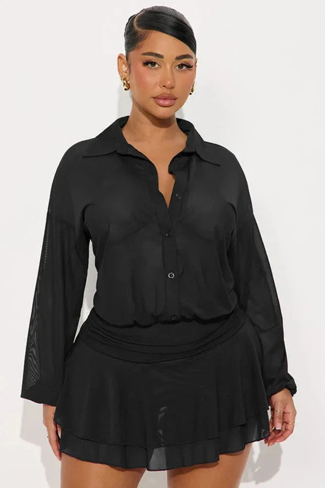 See Through Long Sleeve Single-Breasted Mini Dress