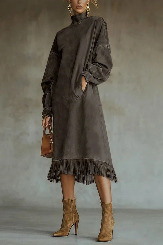 Elegant High Collar Loose A-Line High Waist Pocket Midi Dress
