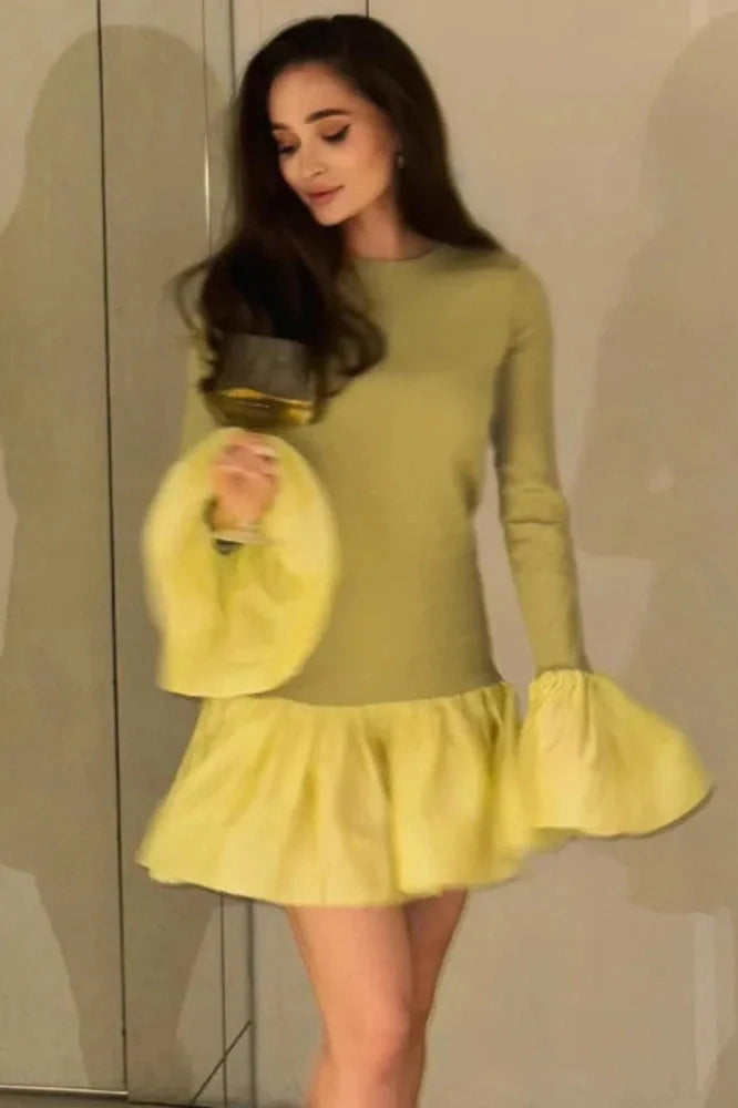 Long Flare Sleeve Patchwork O-Neck A-line Mini Dress