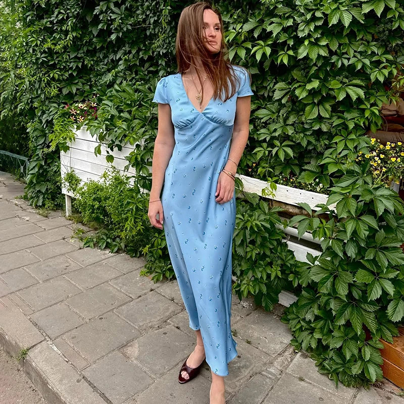 V-Neck Short Sleeve Printed Slim Maxi Dress