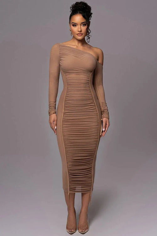 Diagonal Collar Long Sleeve Backless Midi Dress