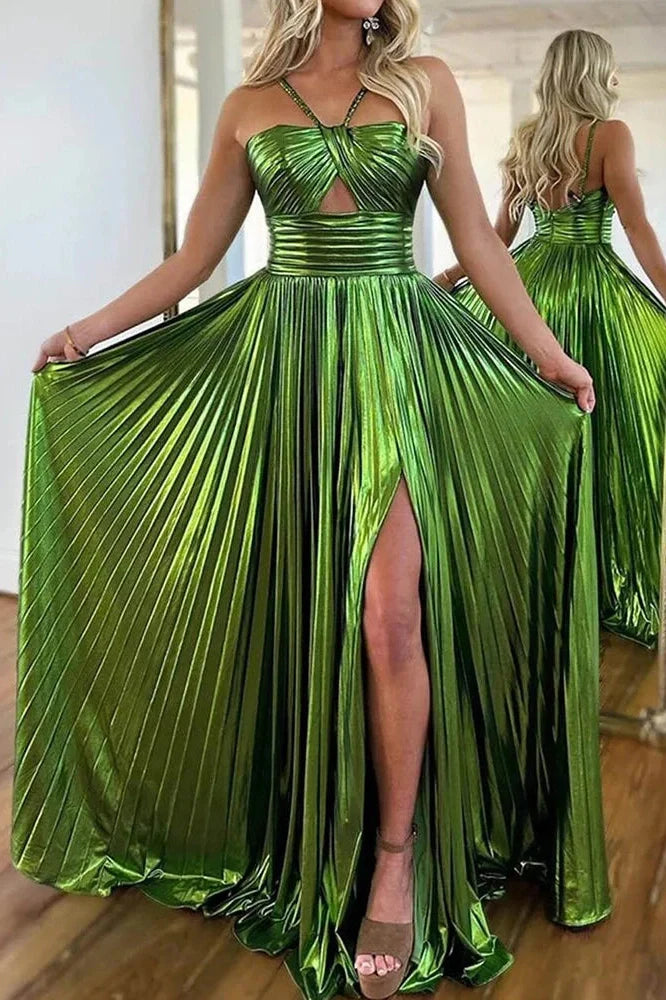 Hollow Out High Waist Sleeveless Pleated Backless Maxi Dress
