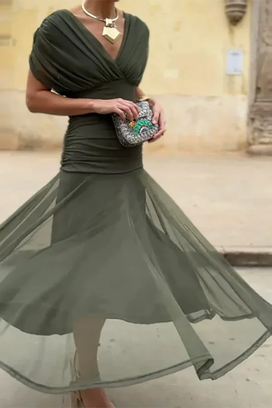 Printed Shawl Sleeve High Waist Pleated V-Neck Off Shoulder Maxi Dress