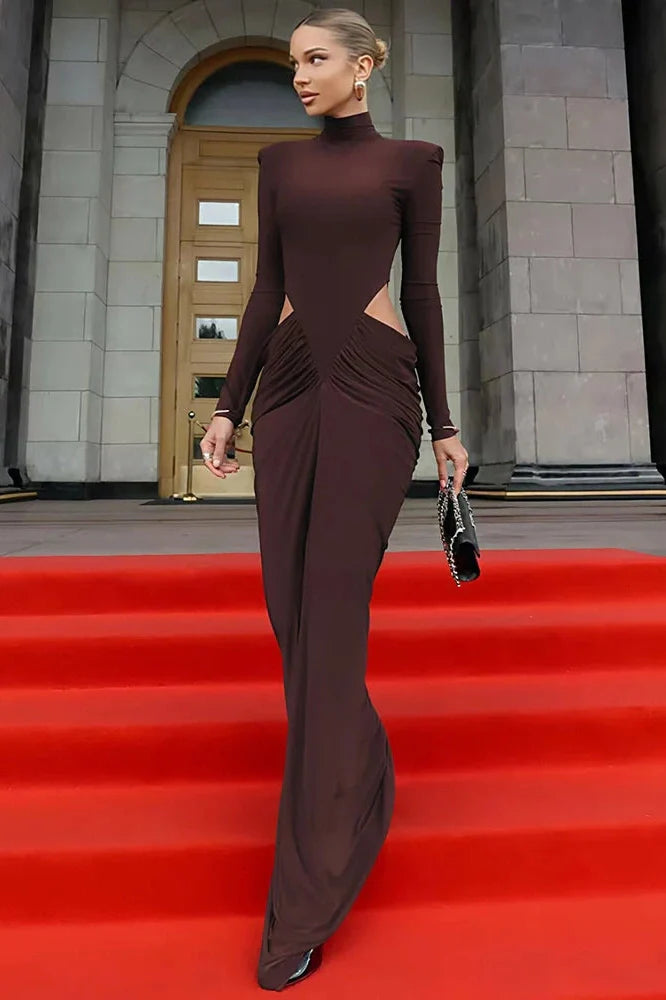 Hollow Out Turtleneck Long Sleeve Maxi Dress