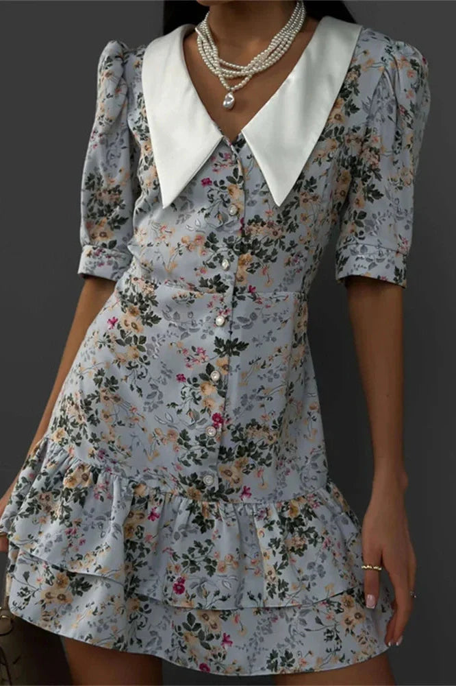 Printed V-Neck Short Sleeve Slim High Waist Mini Dress