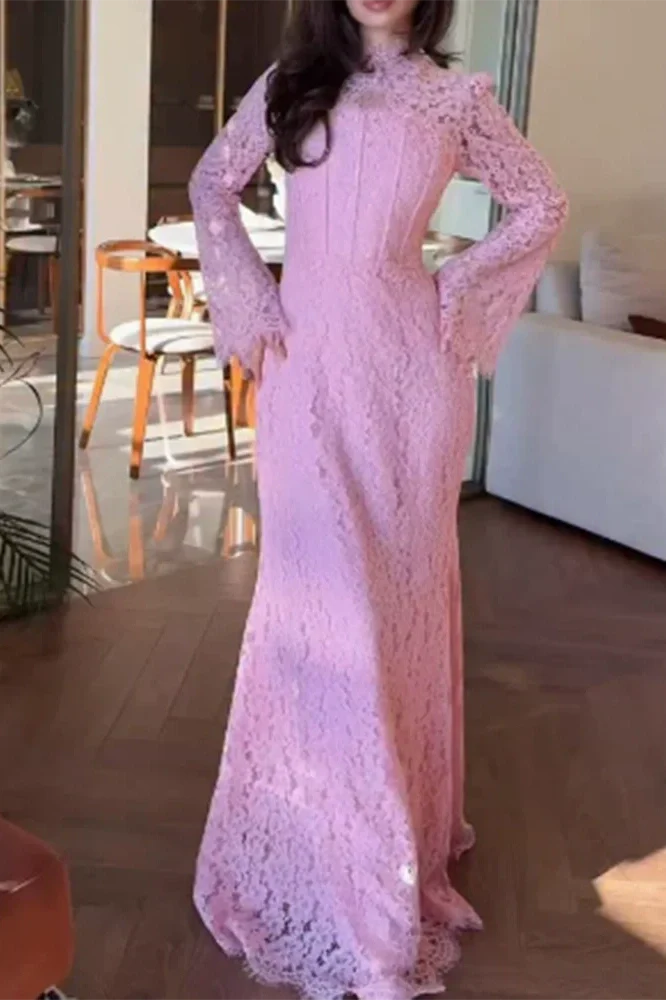 Elegant Slim High Waist Lace Embroidery Maxi Dress