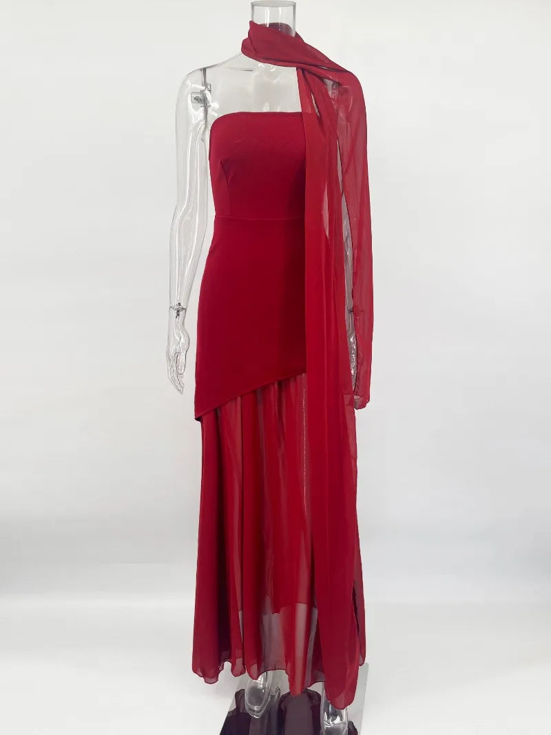 Elegant Strapless Scarf Ribbon Patchwork Maxi Dress