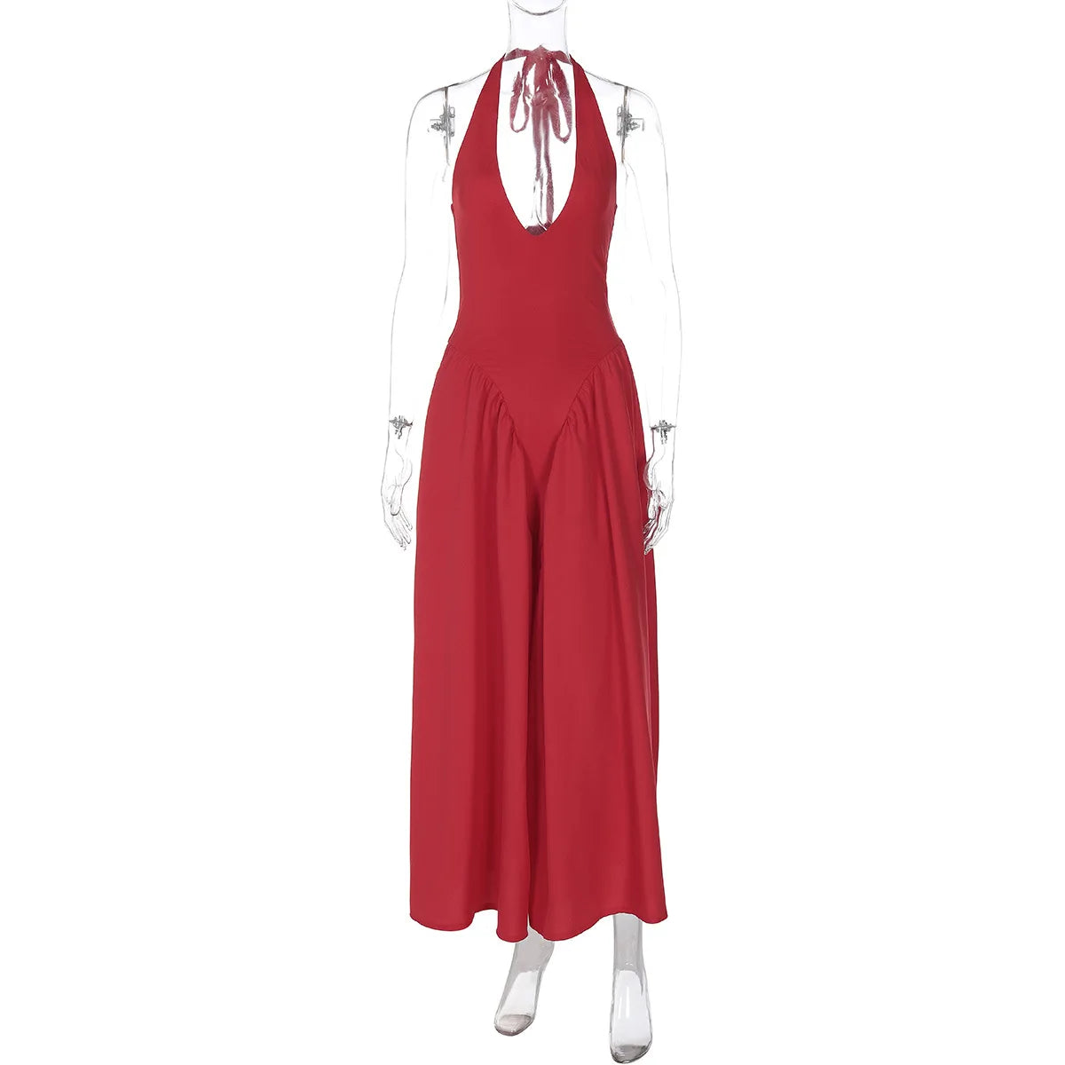 Deep V Neck A-Line Pleated Midi Dress