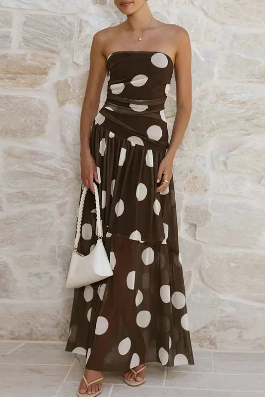Sleeveless Pleated Printed Off-Shoulder Maxi Dress
