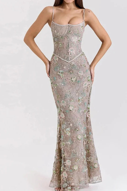 Hollow Out Lace Embroidery Slim Backless Maxi Dress