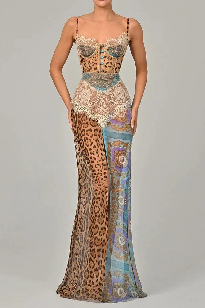 Printed Lace Split Patchwork Sleeveless Backless Maxi Dress