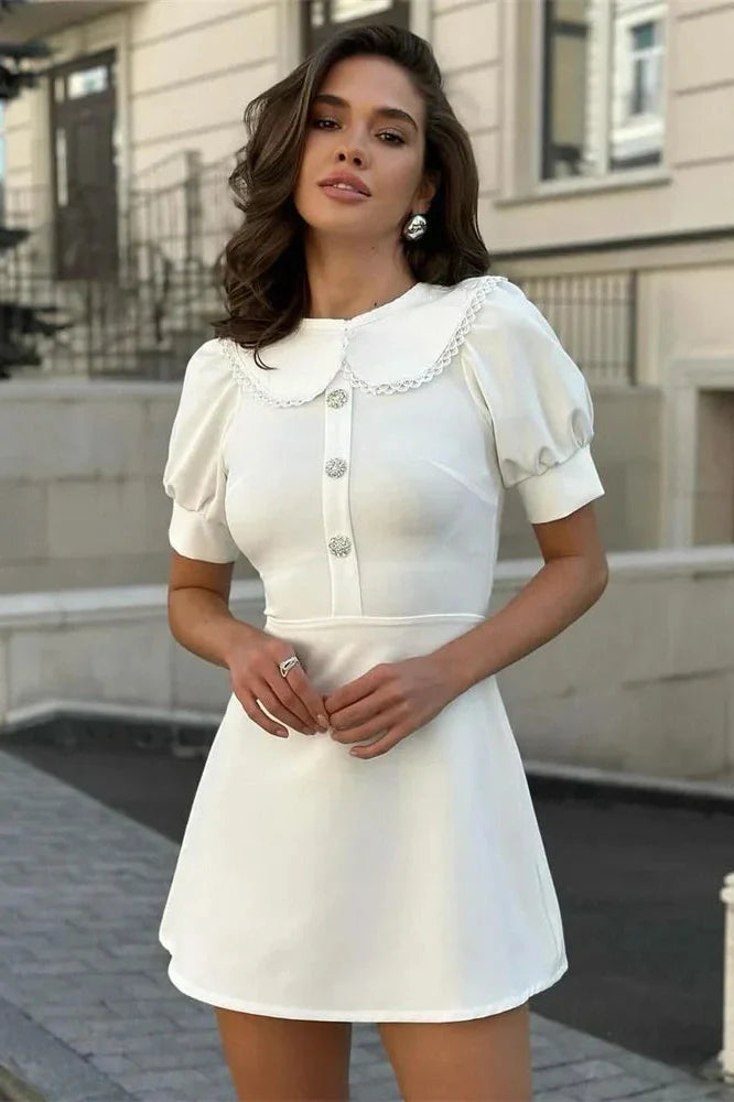 Elegant Patchwork Short Sleeve Lace-Up Mini Dress