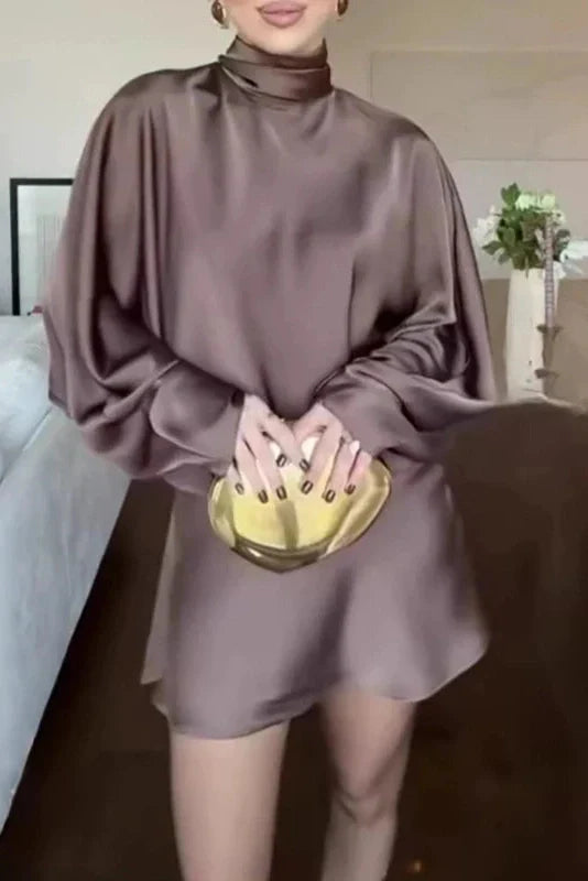 High Waist Pleated Turtleneck Loose Mini Dress