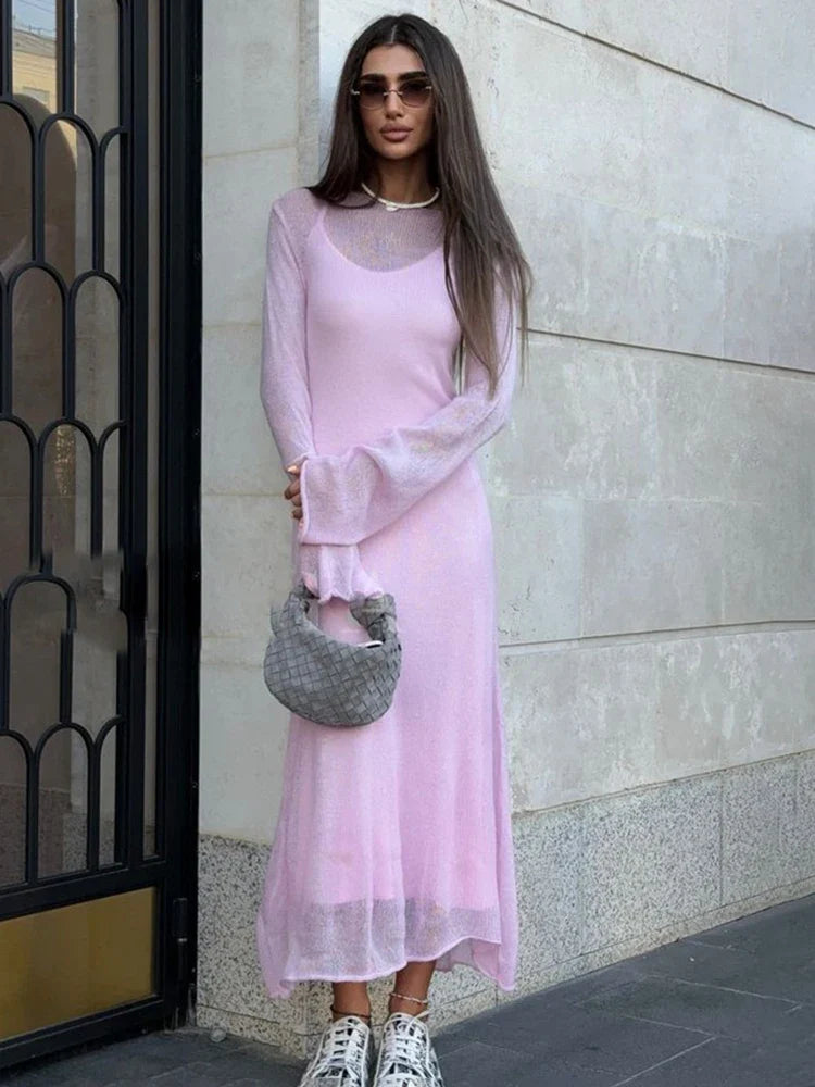 See Through Loose Long Sleeve Knitted Maxi Dress