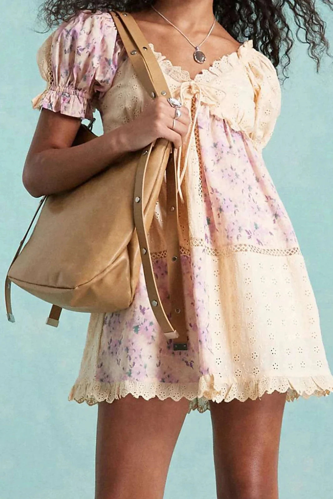 Floral Print V Neck Short Sleeve A-Line Mini Dress