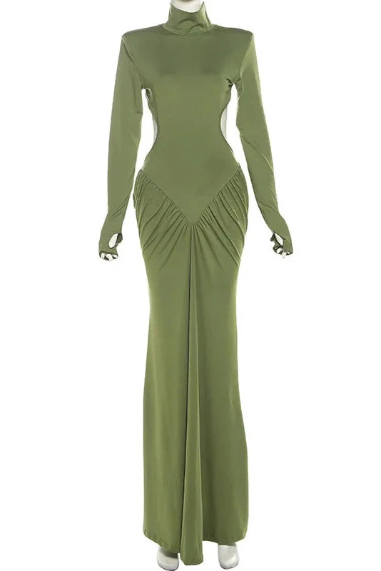 Elegant Backless Turtleneck Long Sleeve Maxi Dress