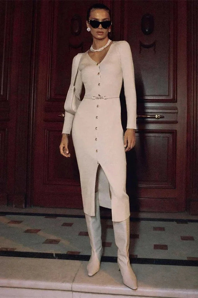 V-Neck Knit Patchwork Slim Midi Dress