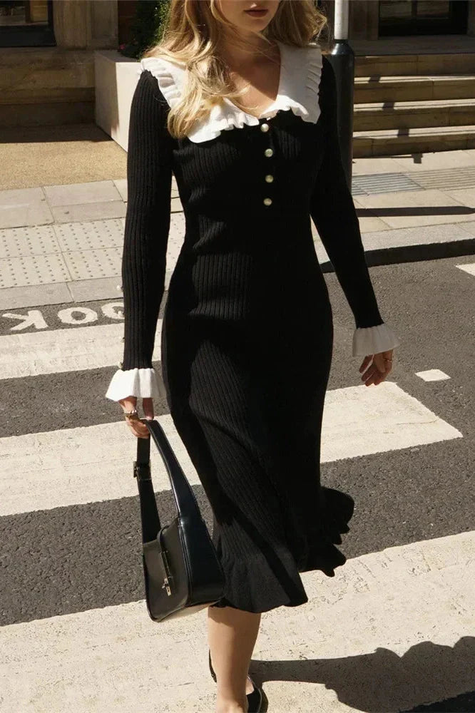 Patchwork Knit Long Sleeve Slim Midi Dress