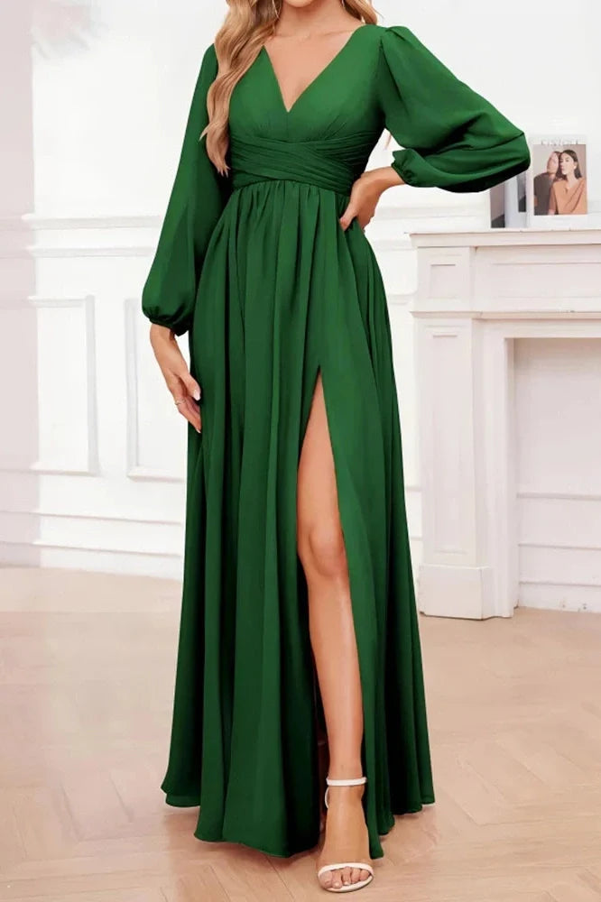 Elegant Long Sleeve Loose V-Neck Split Maxi Dress