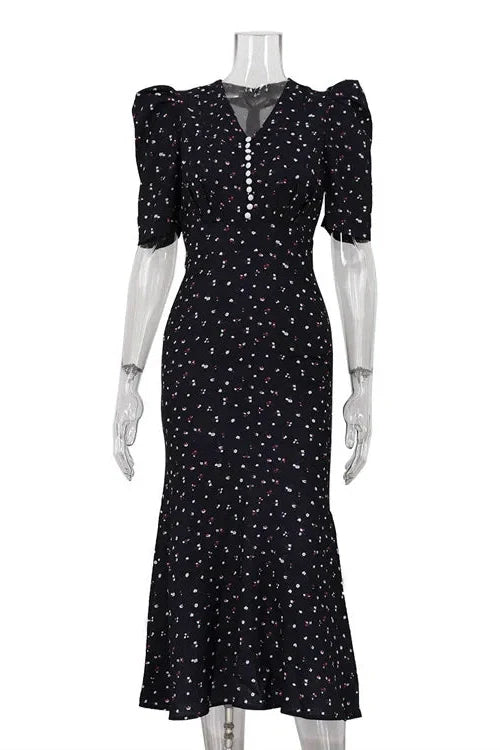 Elegant Printed Puff Sleeve V-Neck High Waist Maxi Dress