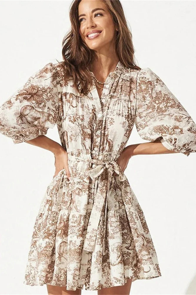 Printed Lace-Up High Waist Short Sleeve Mini Dress