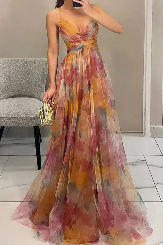 Elegant Print Pleated V Neck High Waist Backless Maxi Dress